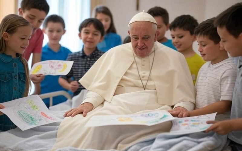 Papa Francesco riceve disegni dai bambini del Gemelli