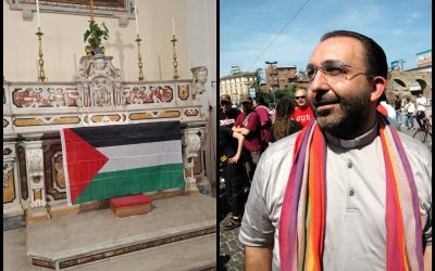 Prete no-global espone bandiera palestinese durante messa