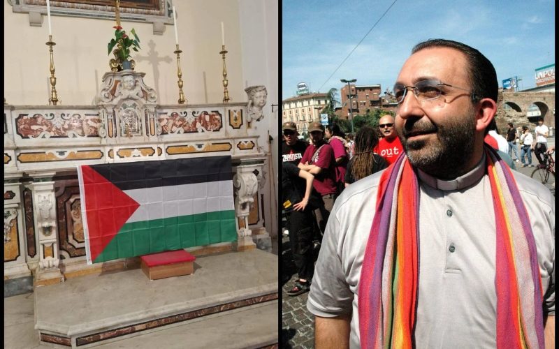 Prete no-global espone bandiera palestinese durante messa