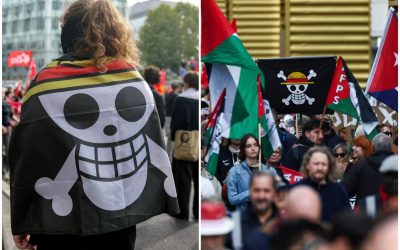 Corteo Gaza e Flottilla Teschio di One Piece diventa simbolo