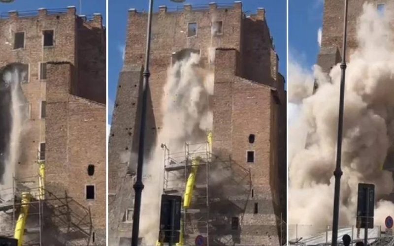 Crolla parte della Torre dei Conti, simbolo della Roma medievale
